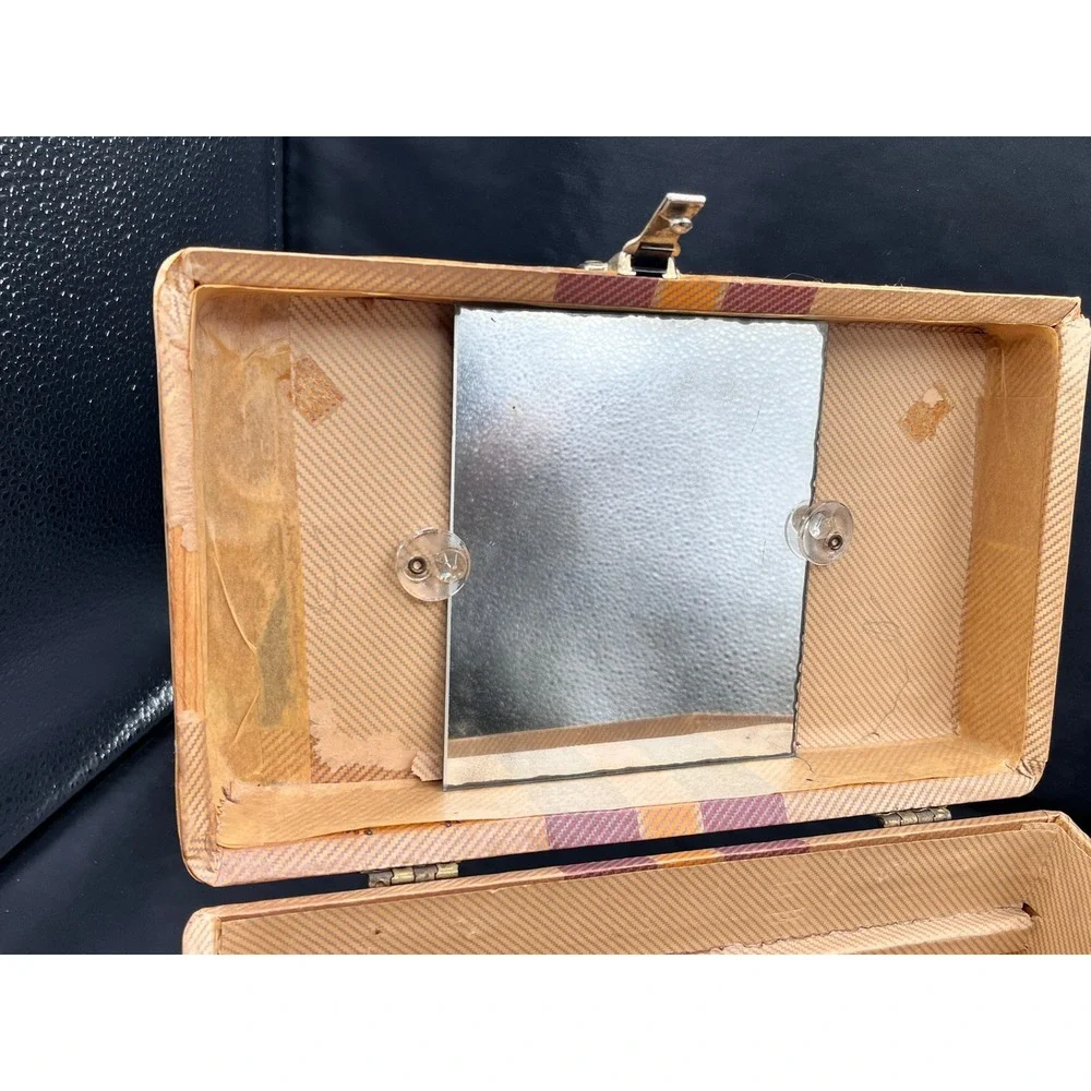 Vtg Vanity Case Train Luggage Retro Makeup Box Storage Trunk Handle Lock No Key